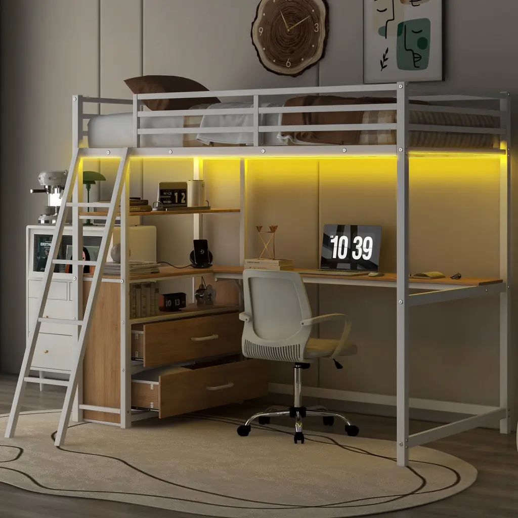 Twin Size Metal And Wood Loft Bed Desk And Shelves Two Constructed Drawers wm store