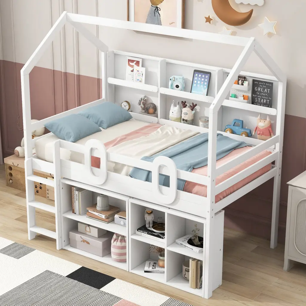 Twin Size Utilize Loft Bed Multiple Storage Shelves White Box Spring wm store