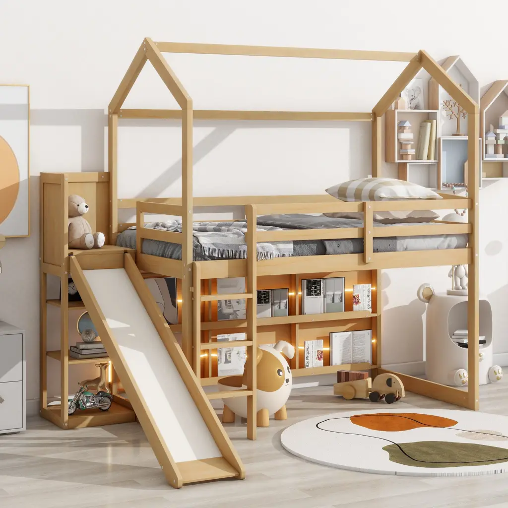 Twin Size Wood Loft Bed Slide Storage Shelves and Light Natural Finish Kids Bedroom wm store