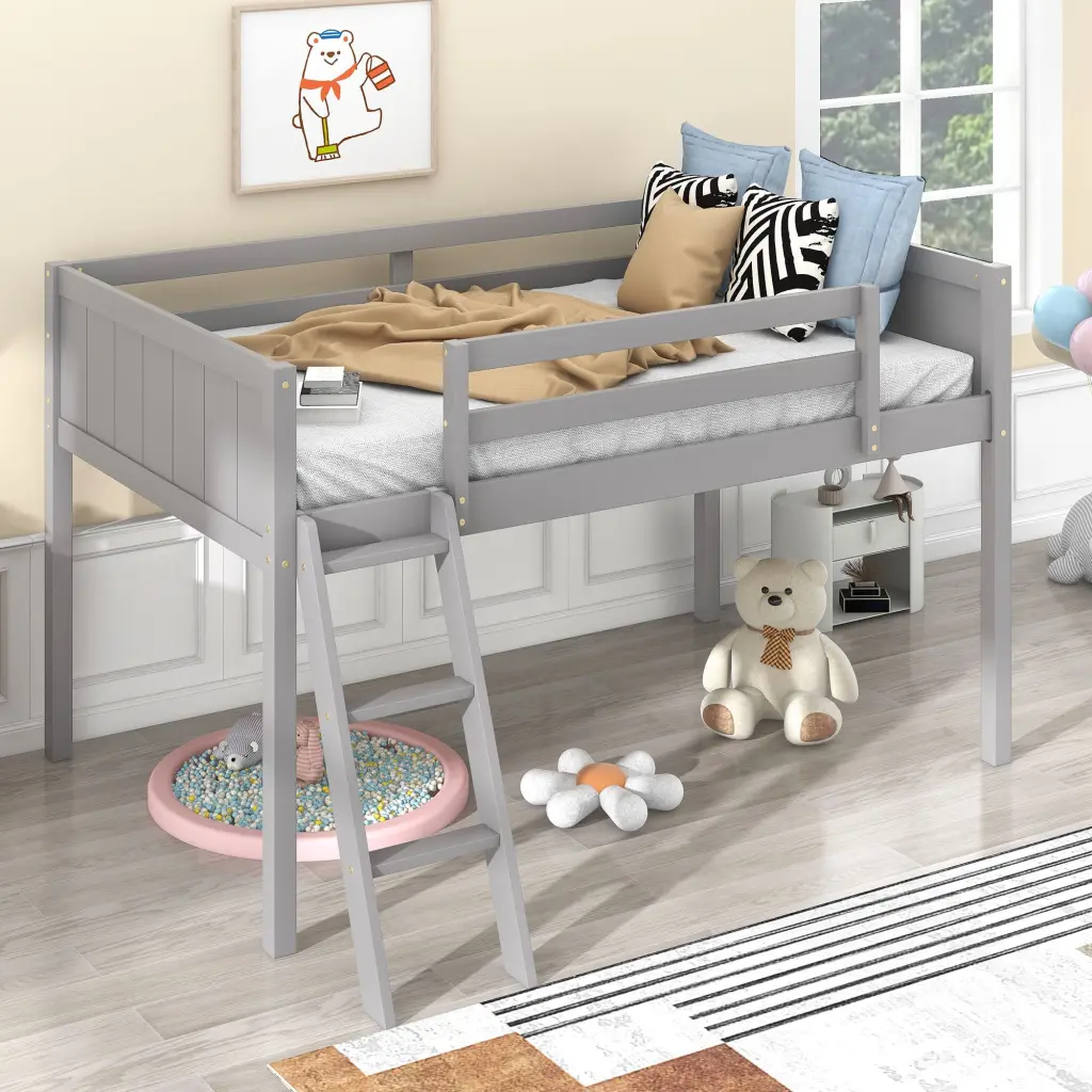 Twin Size Wood Low Loft Bed Ladder Ladder on Left or Right Side wm store
