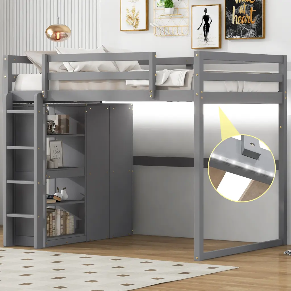 Wood Full Dimensions Loft Bed Constructed Wardrobe And Storage Shelves wm store