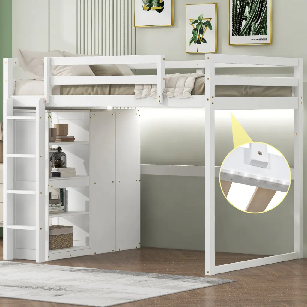 Wood Full Loft Bed Built Wardrobe And Storage Shelves Space Saving Design wm store