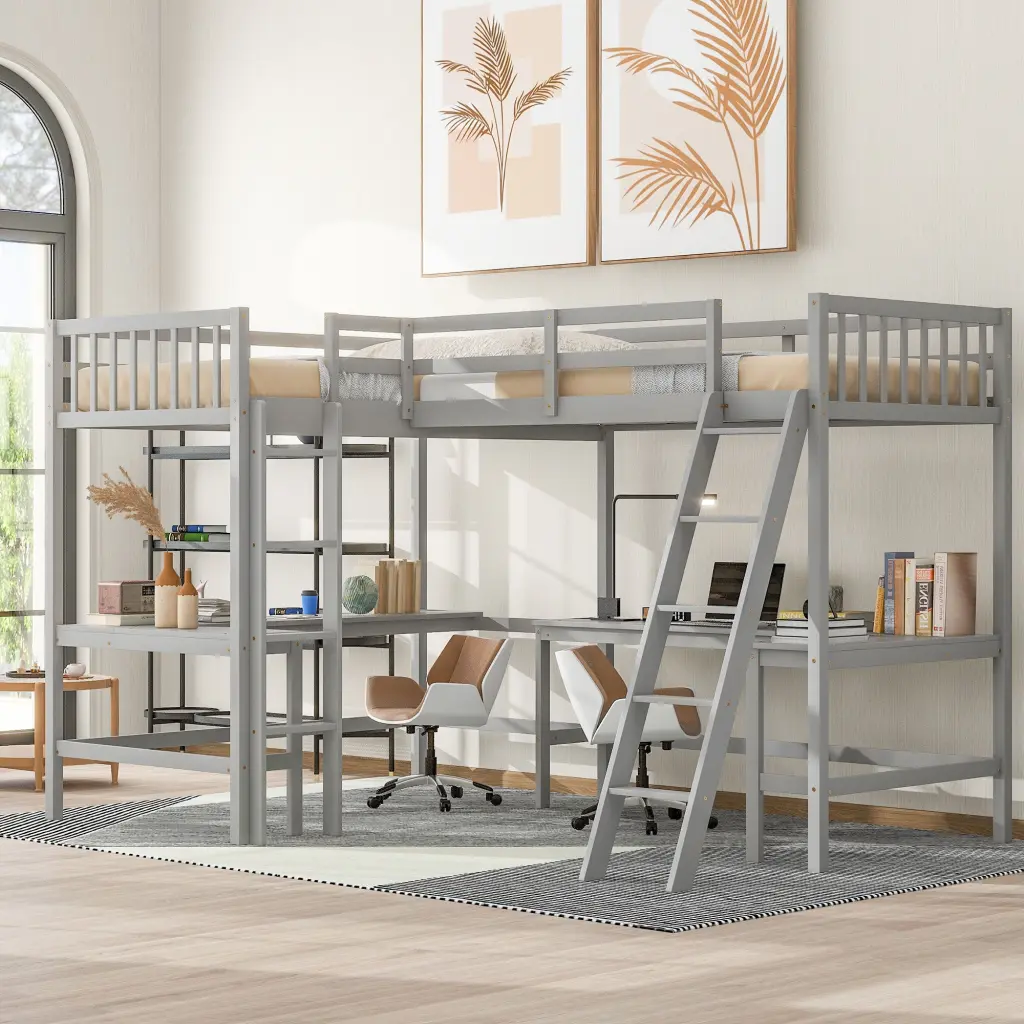 Wood Twin Loft Bed Ladder And 2 Built Shelves Space Saving Design wm store
