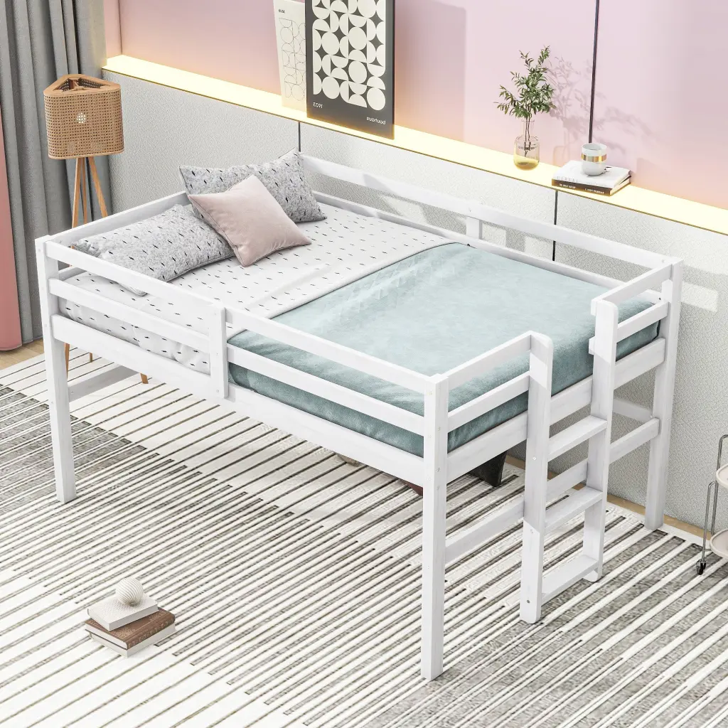 Wood Twin Loft Bed Side Ladder Antique White Box Spring Not Included wm store