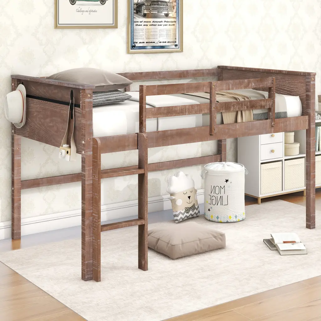 Wood Twin Size Loft Bed Hanging Clothes Racks White Rustic Natural wm store