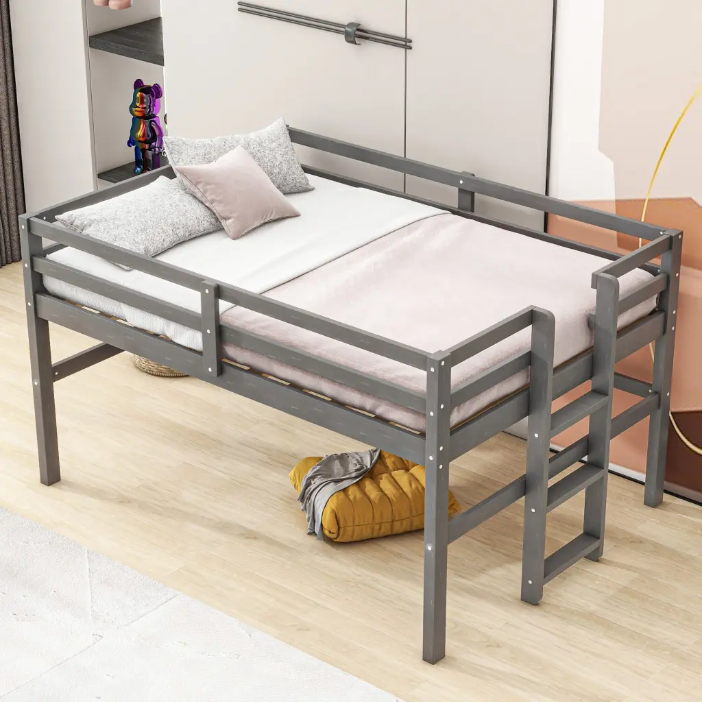Wood Twin Size Loft Bed Side Ladder Antique Grey Box Spring Not Included wm store