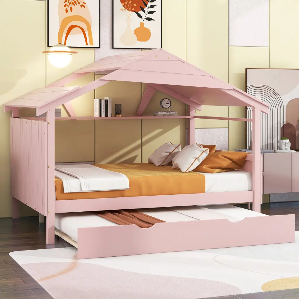 Wood Twin Size Loft Bed Trundle and Storage Pink wm store