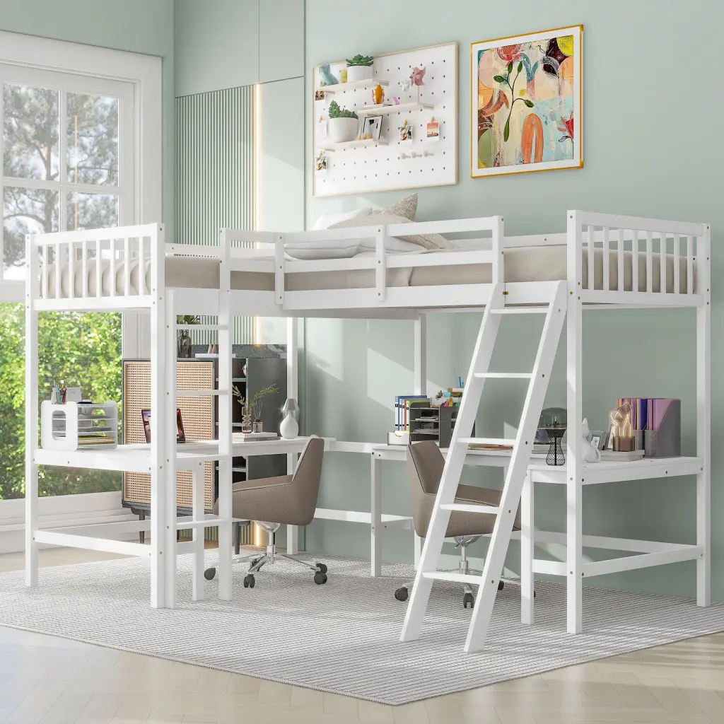 Wood Twin Size L Shaped Loft Bed Ladder And 2 Built Shelves wm store