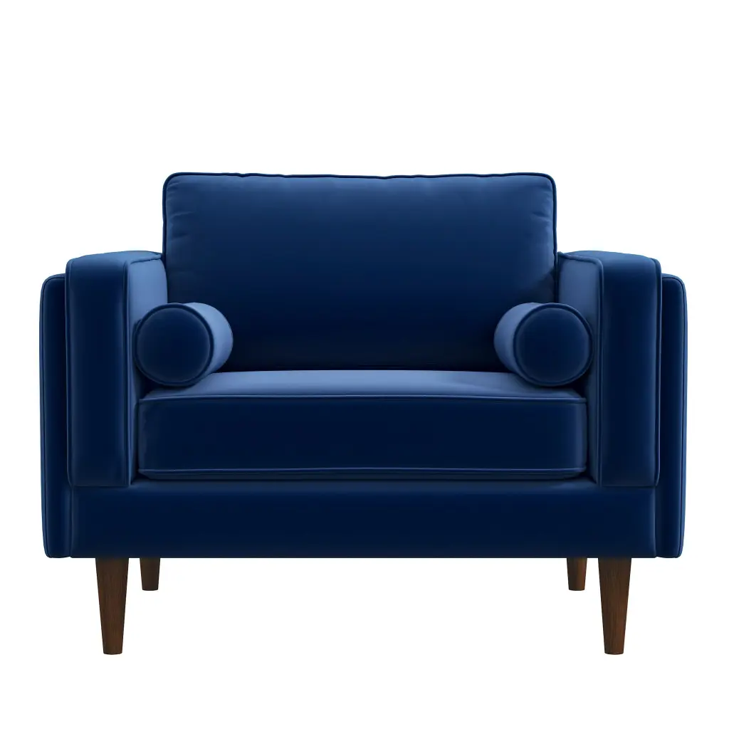 Amber Lounge Chair Navy Blue Velvet Brown Wood Frame Comfortable Seating ashcroft furniture