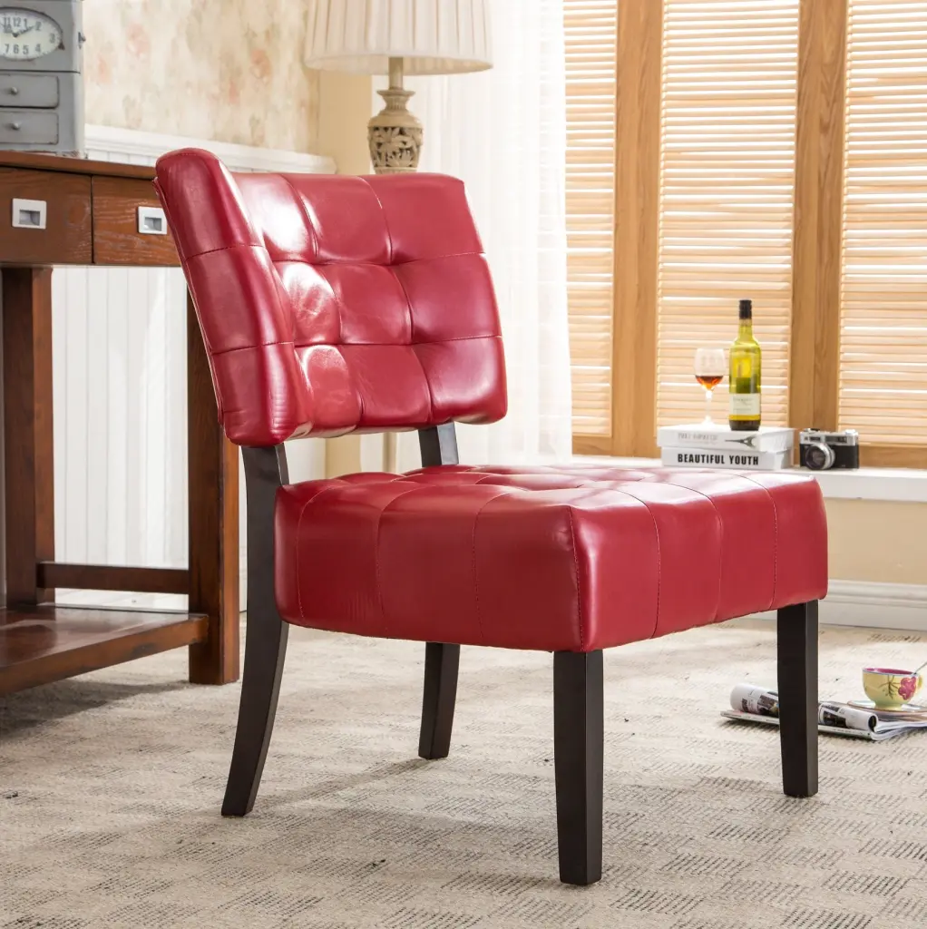 Blended Leather Tufted Accent Chair Oversized Seating Red Wooden Legs hz