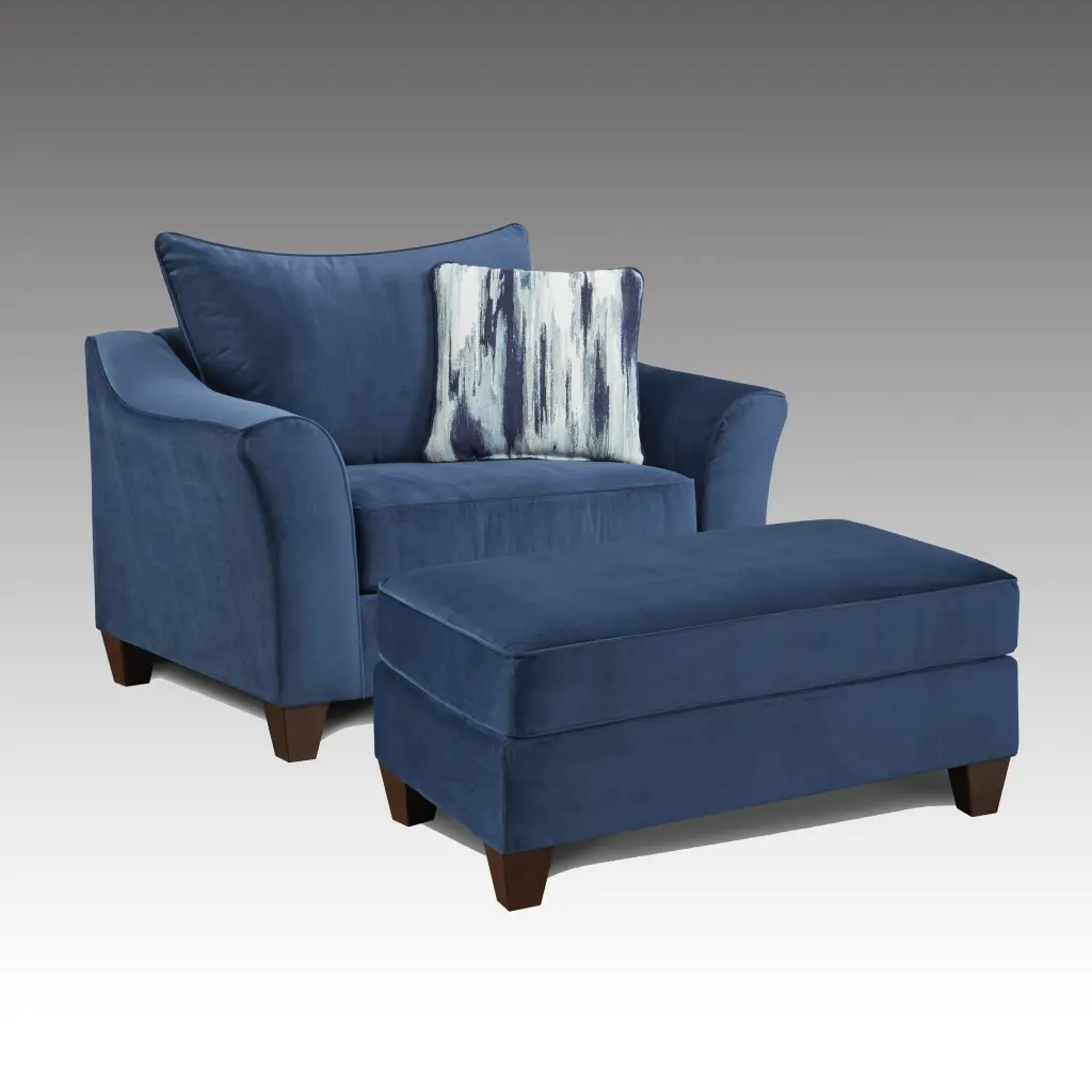 Camero Fabric Pillow Support Chair Ottoman Set Navy Blue Polyester Living Room hz