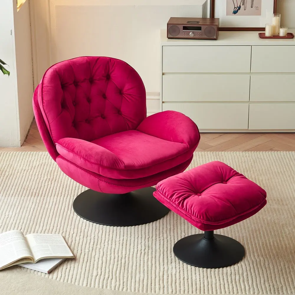 Swivel Leisure Lounge Chair Velvet Red Hue Ottoman levin furniture