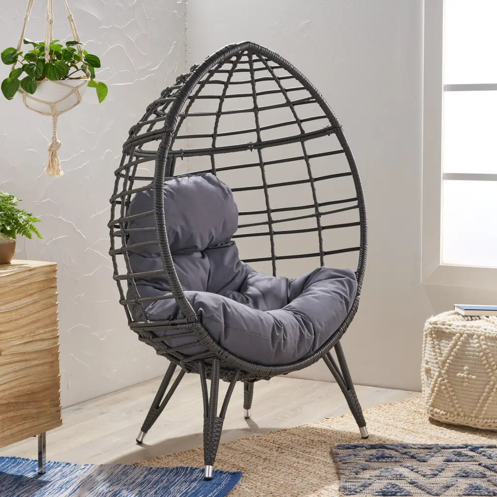 Santino Teardrop Chair Gray PE Rattan Iron Water-Resistant Outdoor Furniture nh-home living