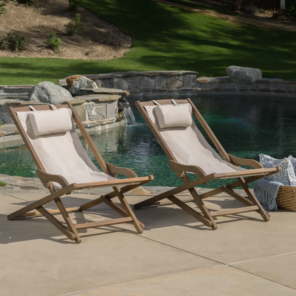 Nikki Beach Sling Chair Beige Set 2 Grey Wood Frame nh-ihave