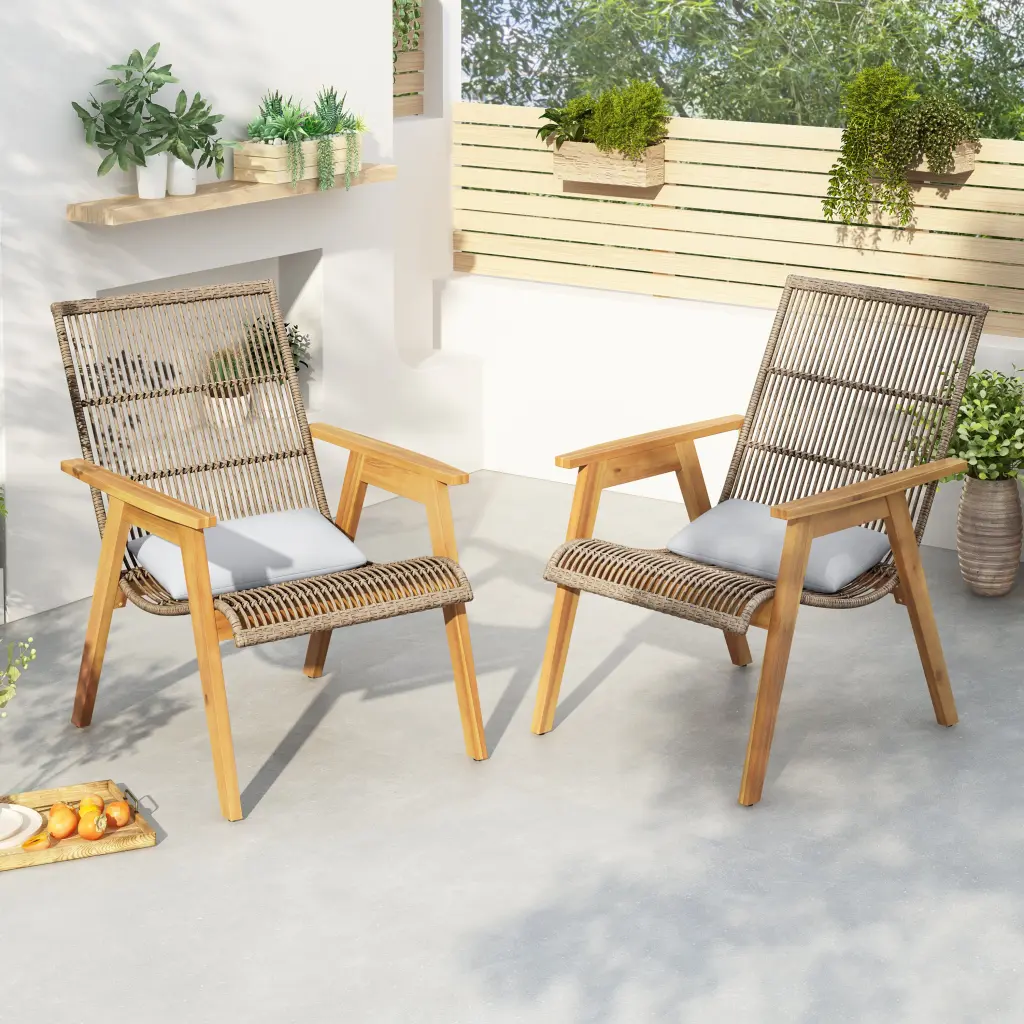 Set 2 Acacia Timber Cape Woven Wicker Large Lounge Chairs Pillows nh-onfind