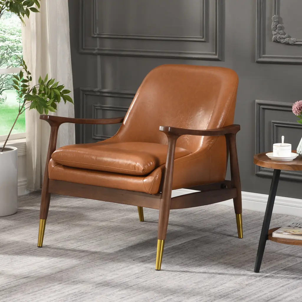 Amber Faux Leather Modern Lounge Chair Brown PU Leather Solid Wood Frame nh-purenest