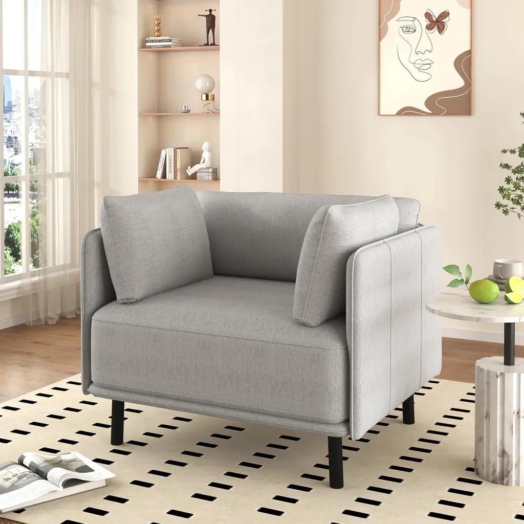39 Inch Vintage Grey Lounge Chair Polyester Upholstery and Solid Timber Frame nh-purenest