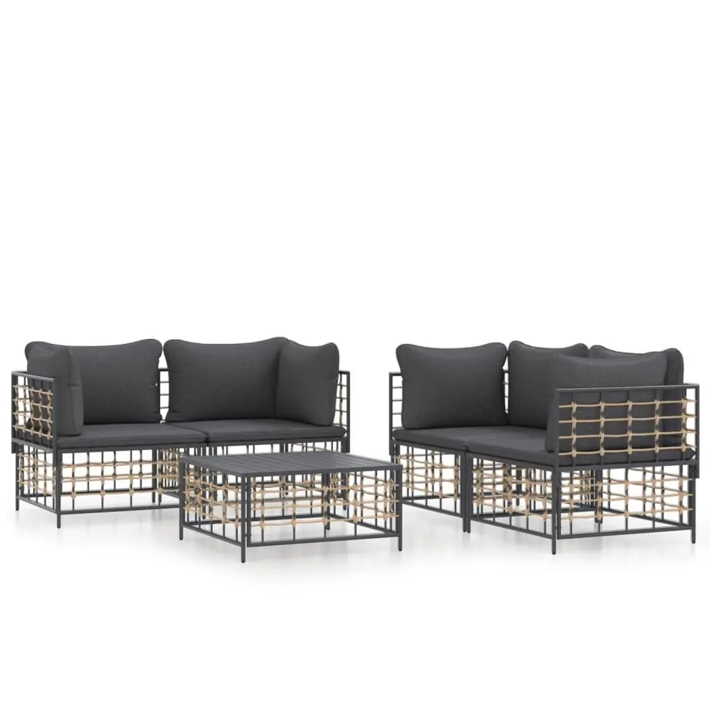 5 Piece Anthracite Poly Rattan Patio Lounge Set Cushions Outdoor Furniture