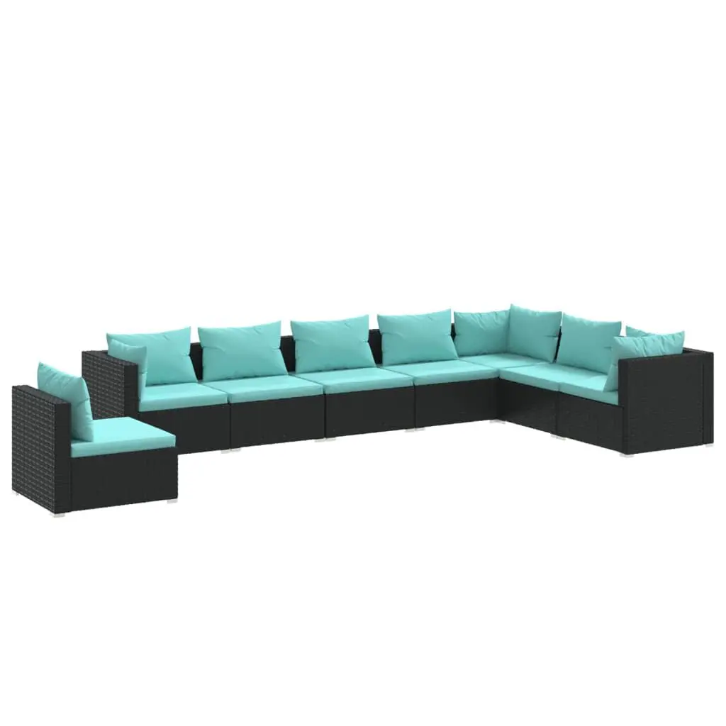8 Piece Black Poly Rattan Patio Lounge Set Comfortable Cushions
