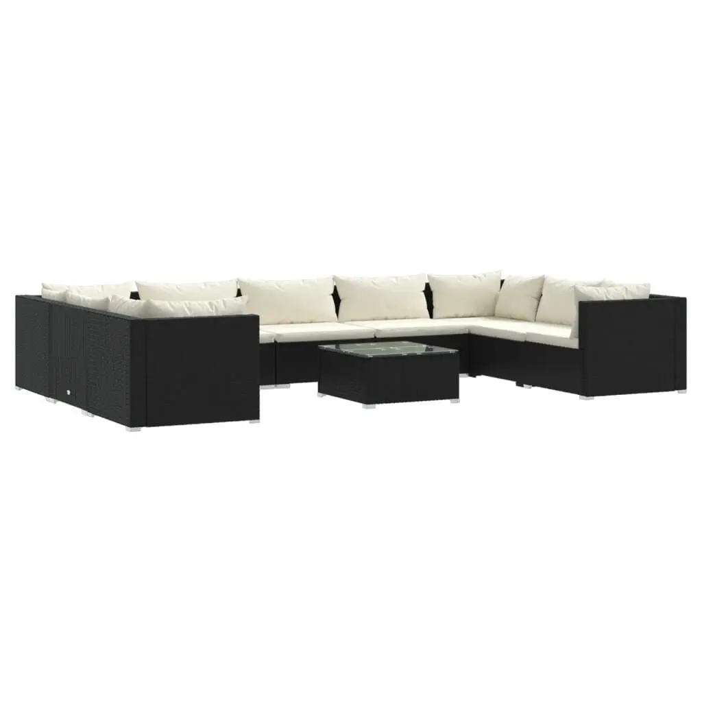 10 Piece Black Poly Rattan Patio Lounge Set Plush Cushions