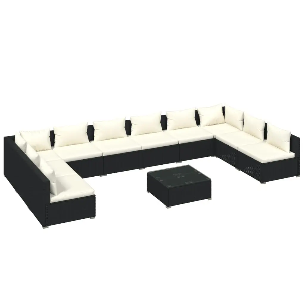 11 Piece Black Poly Rattan Patio Lounge Set Cushions Outdoor Sectional