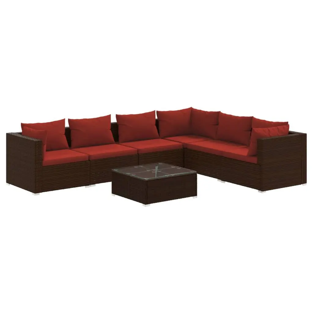 7 Piece Brown Poly Rattan Patio Lounge Set Cushions Outdoor Furniture