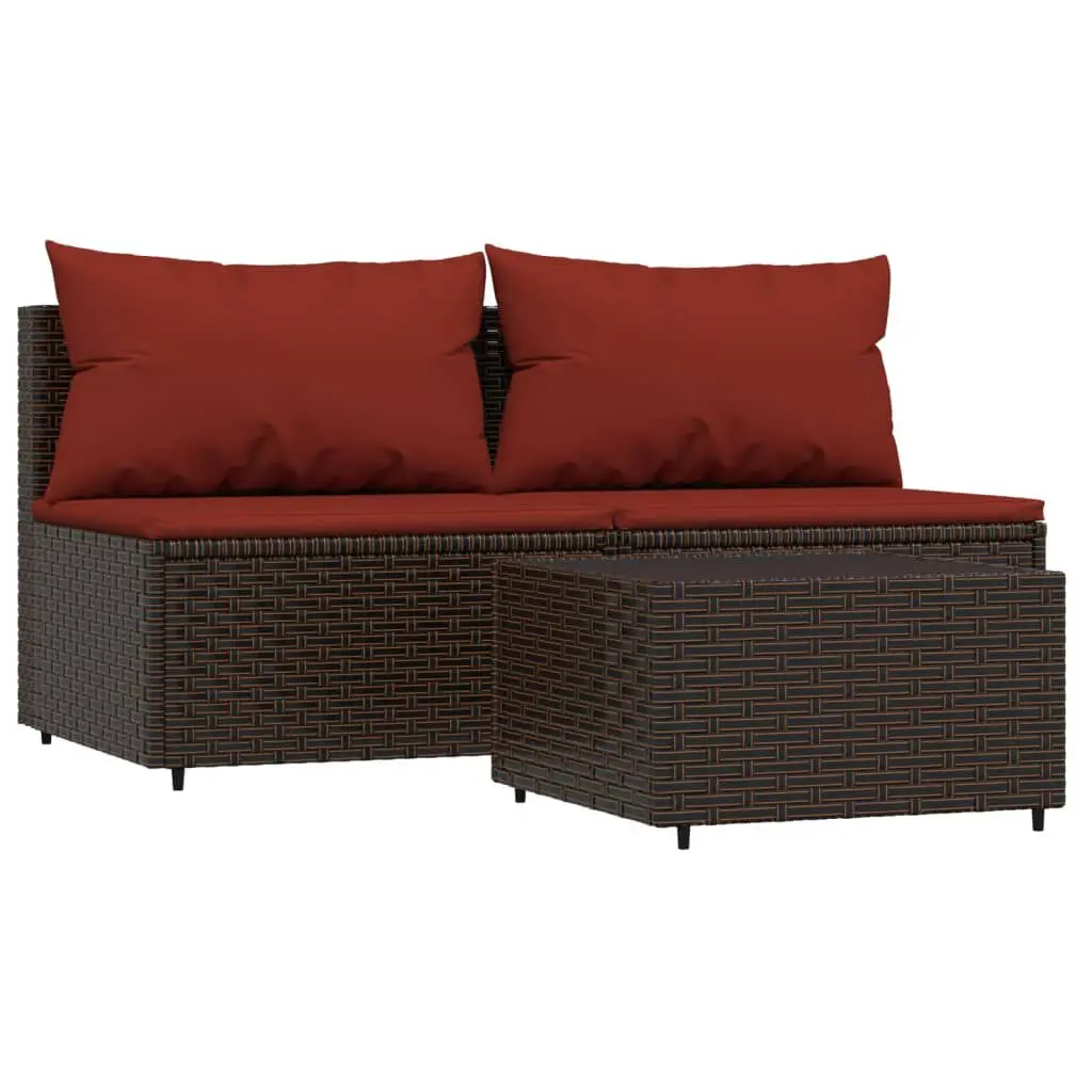 3 Piece Brown Poly Rattan Patio Lounge Set Cushions Outdoor Seating