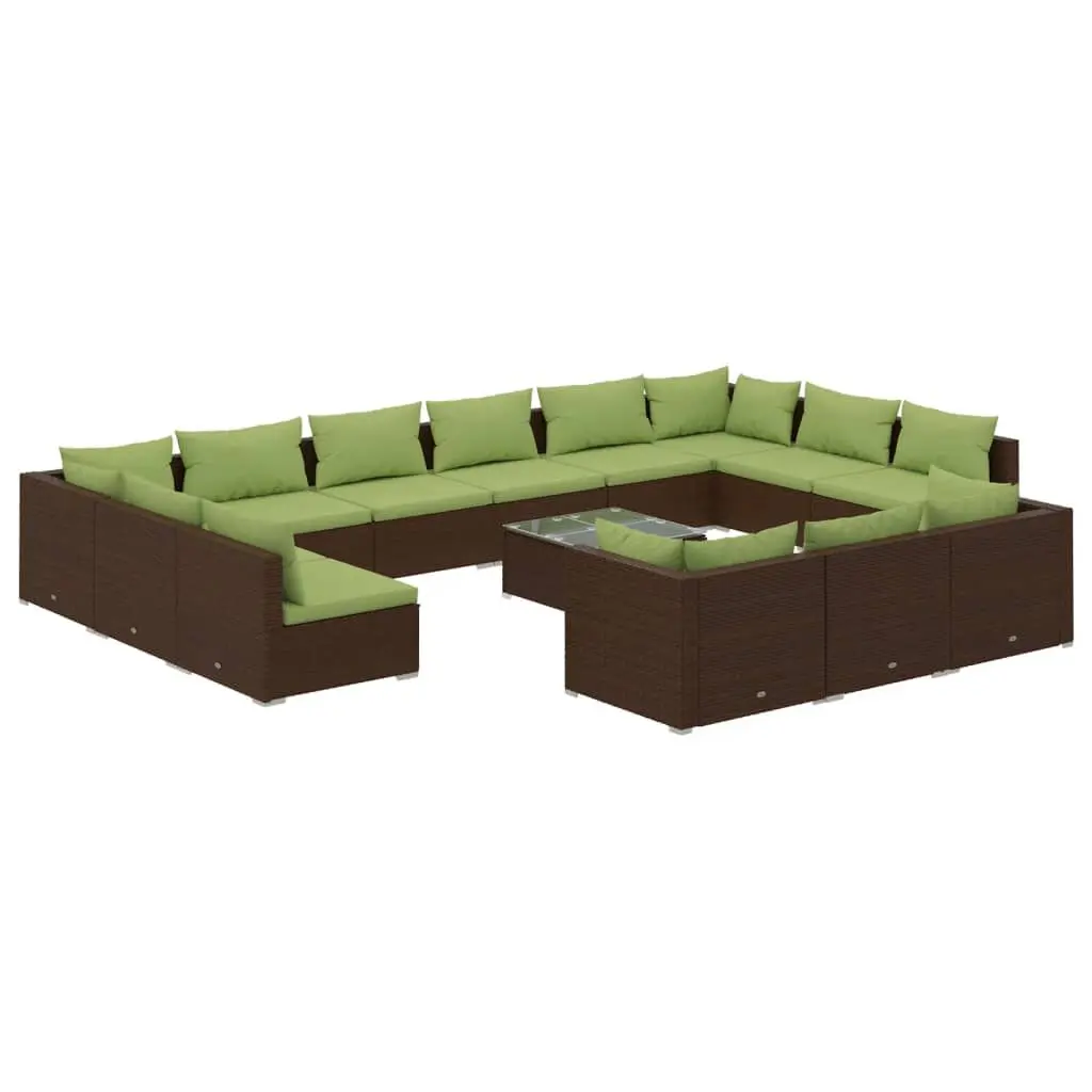 14 Piece Brown Poly Rattan Patio Lounge Set Cushions
