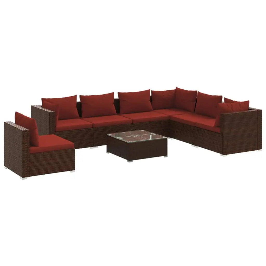 8 Piece Brown Poly Rattan Patio Lounge Set Soft Cushions