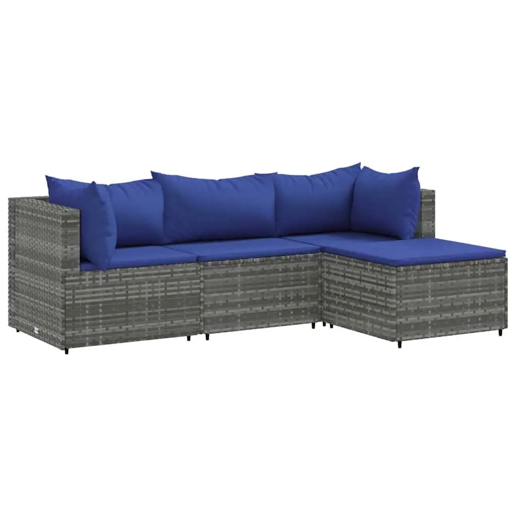 4 Piece Gray Poly Rattan Patio Lounge Set Cushions
