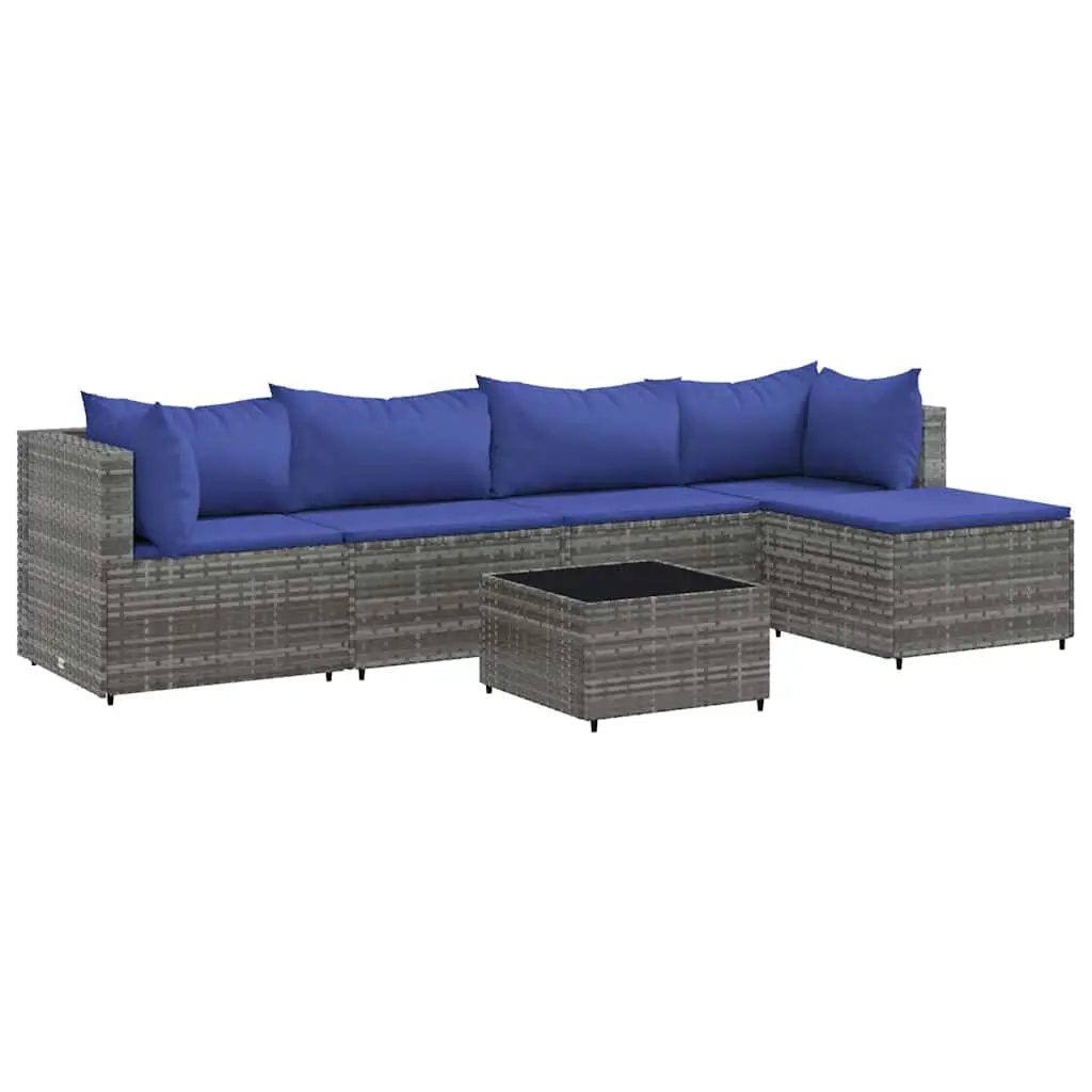 5 Piece Gray Poly Rattan Patio Lounge Set Comfortable Cushions