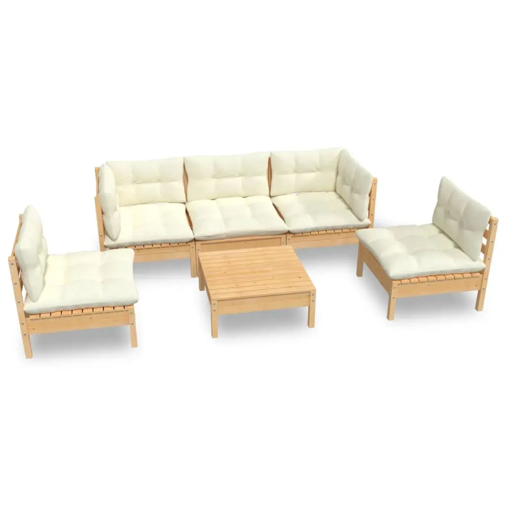 6 Piece Patio Lounge Set Cream Cushions Solid Pinewood Outdoor Furniture