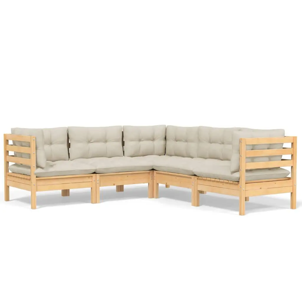 5 Piece Patio Lounge Set Cream Cushions Solid Pinewood Outdoor Seating