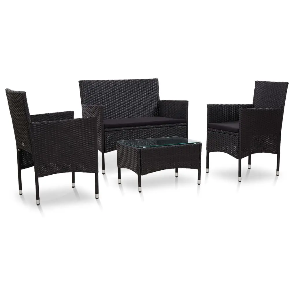 4 Piece Patio Lounge Set Cushions Black Poly Rattan Outdoor Furniture