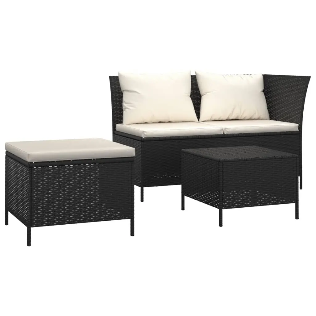 3 Piece Patio Lounge Set Cushions Black Poly Rattan Outdoor Seating Set