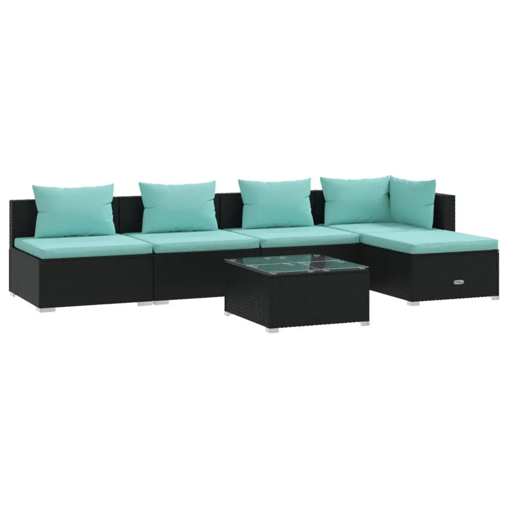 6 Piece Patio Lounge Set Cushions Black Poly Rattan Outdoor Furniture