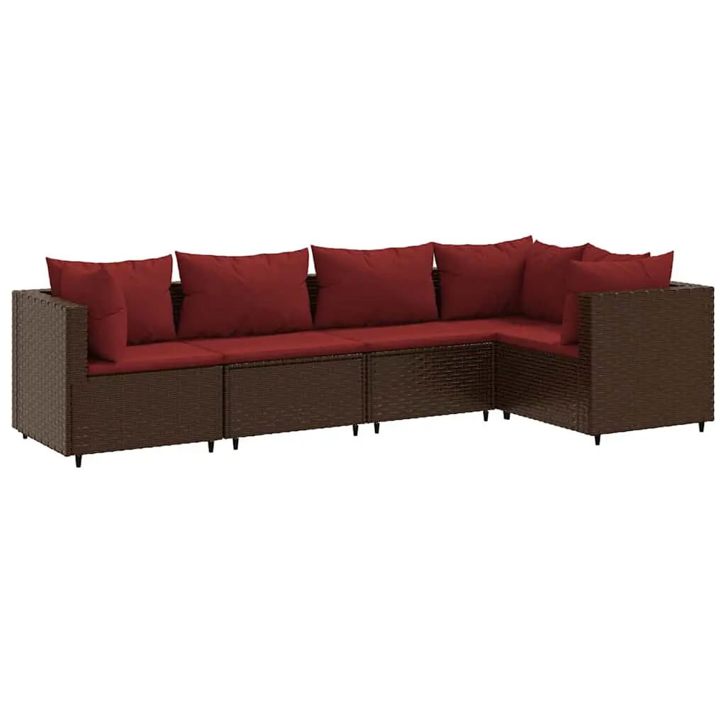 5 Piece Patio Lounge Set Cushions Brown Poly Rattan Outdoor Seating