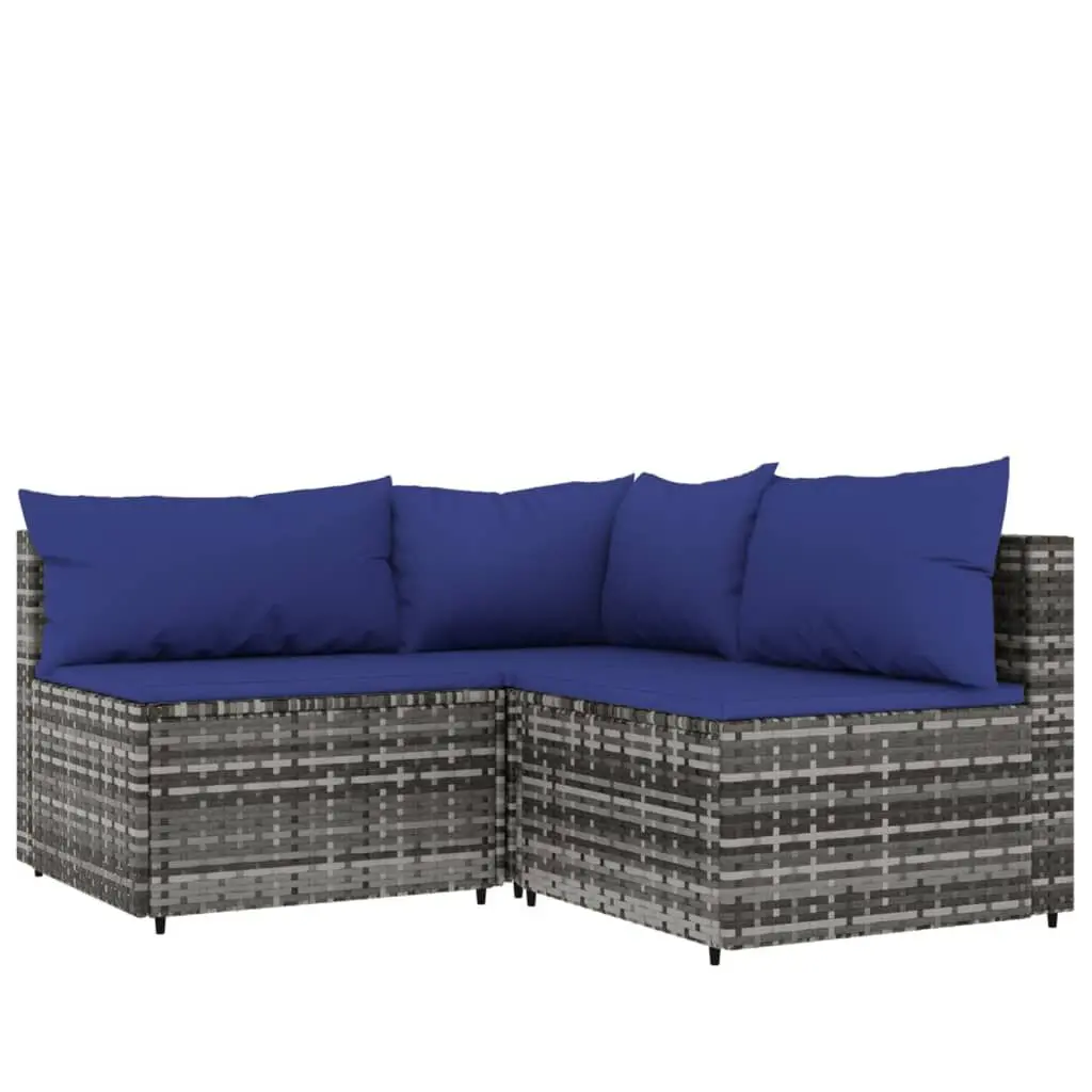 3 Piece Patio Lounge Set Cushions Gray Poly Rattan Outdoor Furniture