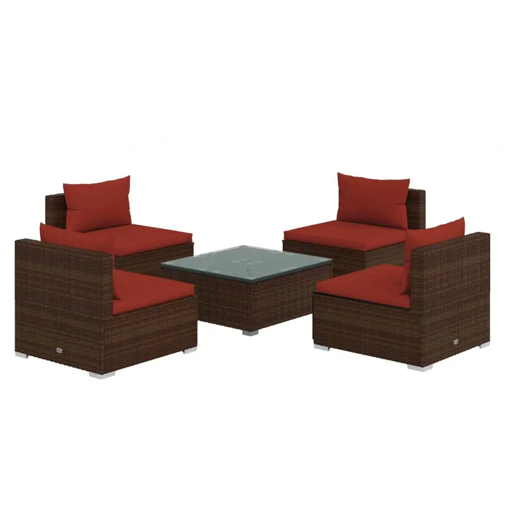 5 Piece Patio Lounge Set Cushions Poly Rattan Brown Outdoor Seating