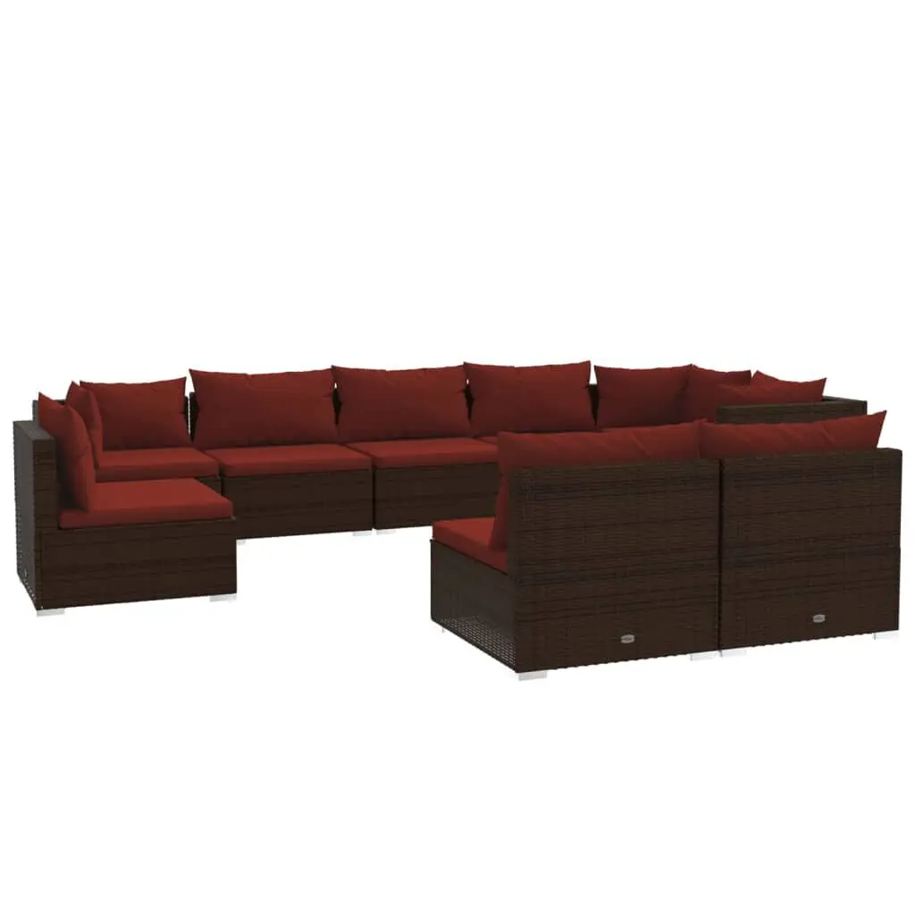 9 Piece Patio Lounge Set Cushions Poly Rattan Brown Outdoor Furniture