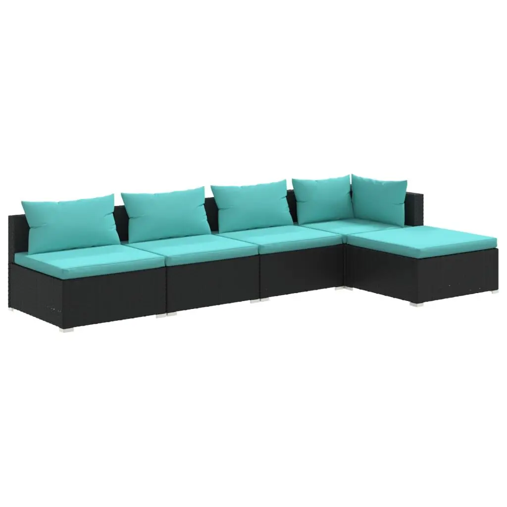 5 Piece Patio Lounge Set Cushions Poly Rattan Black Outdoor Seating