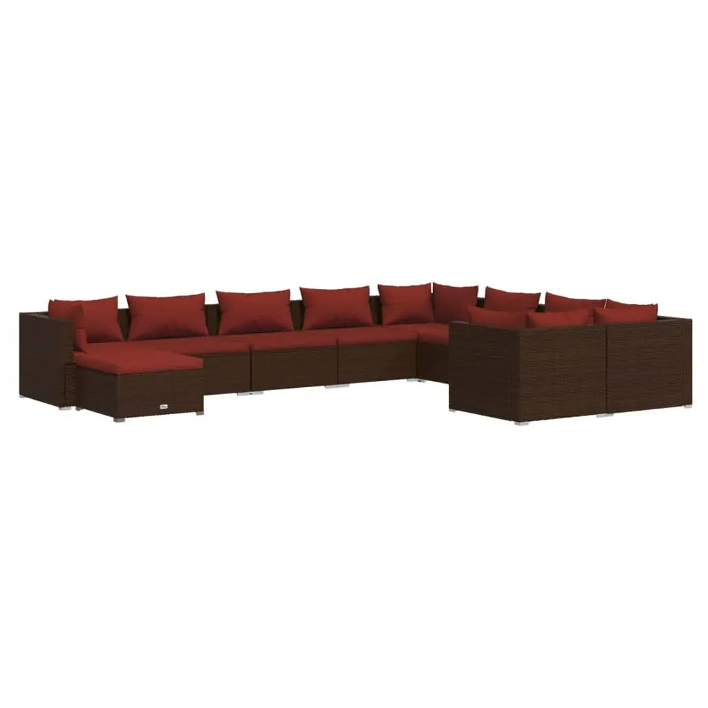 10 Piece Patio Lounge Set Cushions Poly Rattan Brown Outdoor Seating