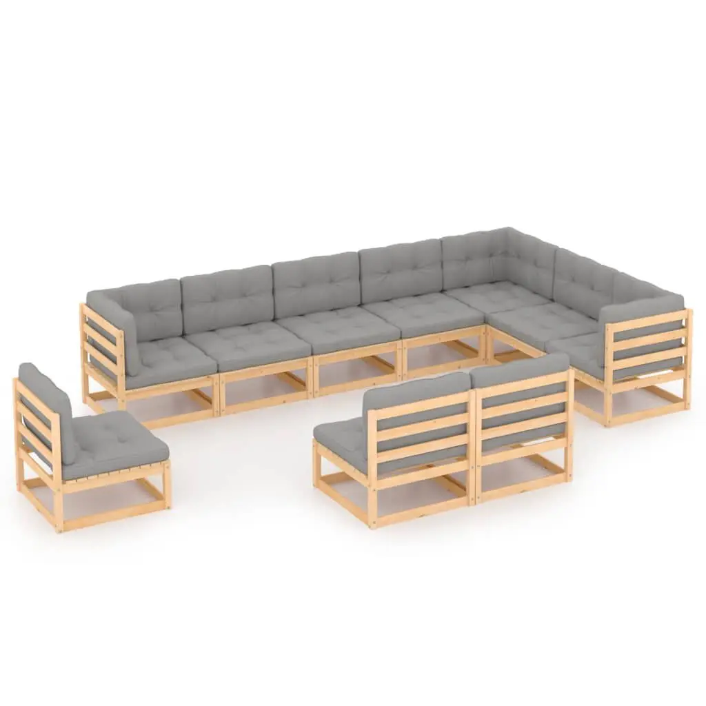 10 Piece Patio Lounge Set Cushions Solid Pinewood Outdoor