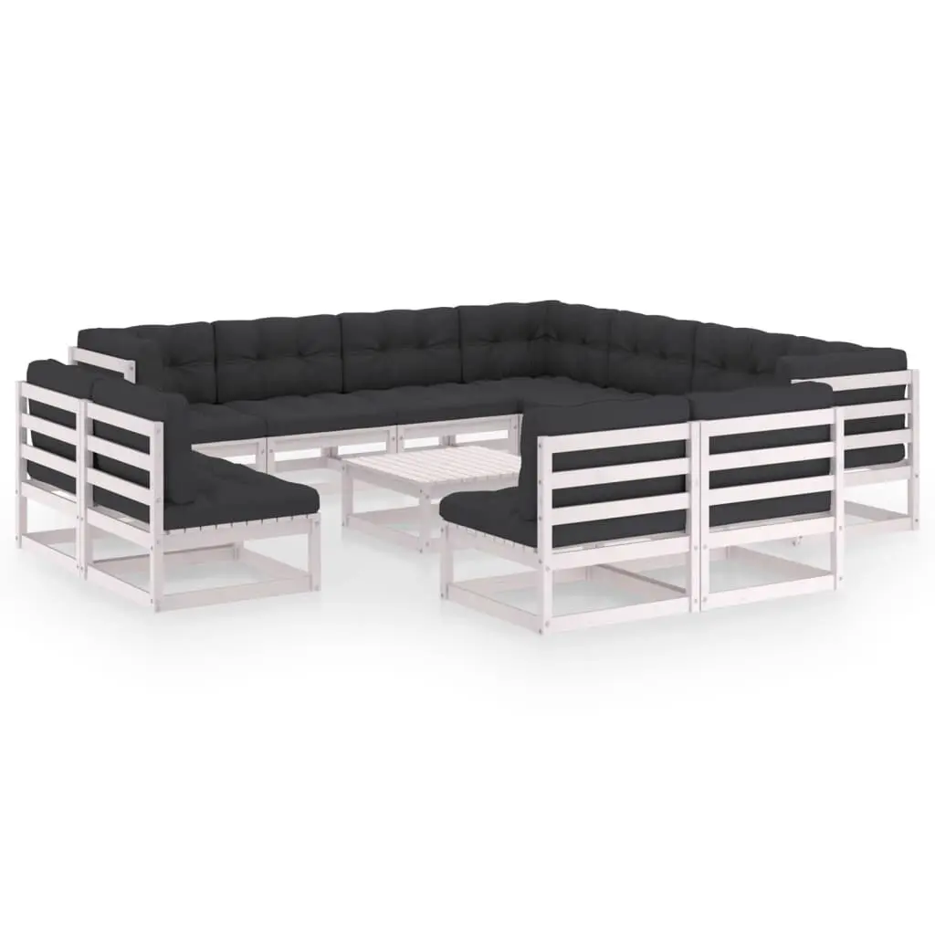 12 Piece Patio Lounge Set Cushions White Solid Wood Pine Outdoor Furniture