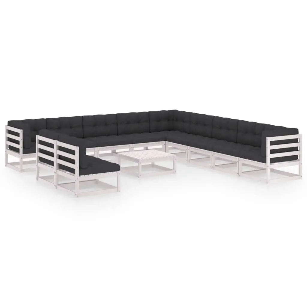 12 Piece Patio Lounge Set Cushions White Solid Pinewood Outdoor Furniture