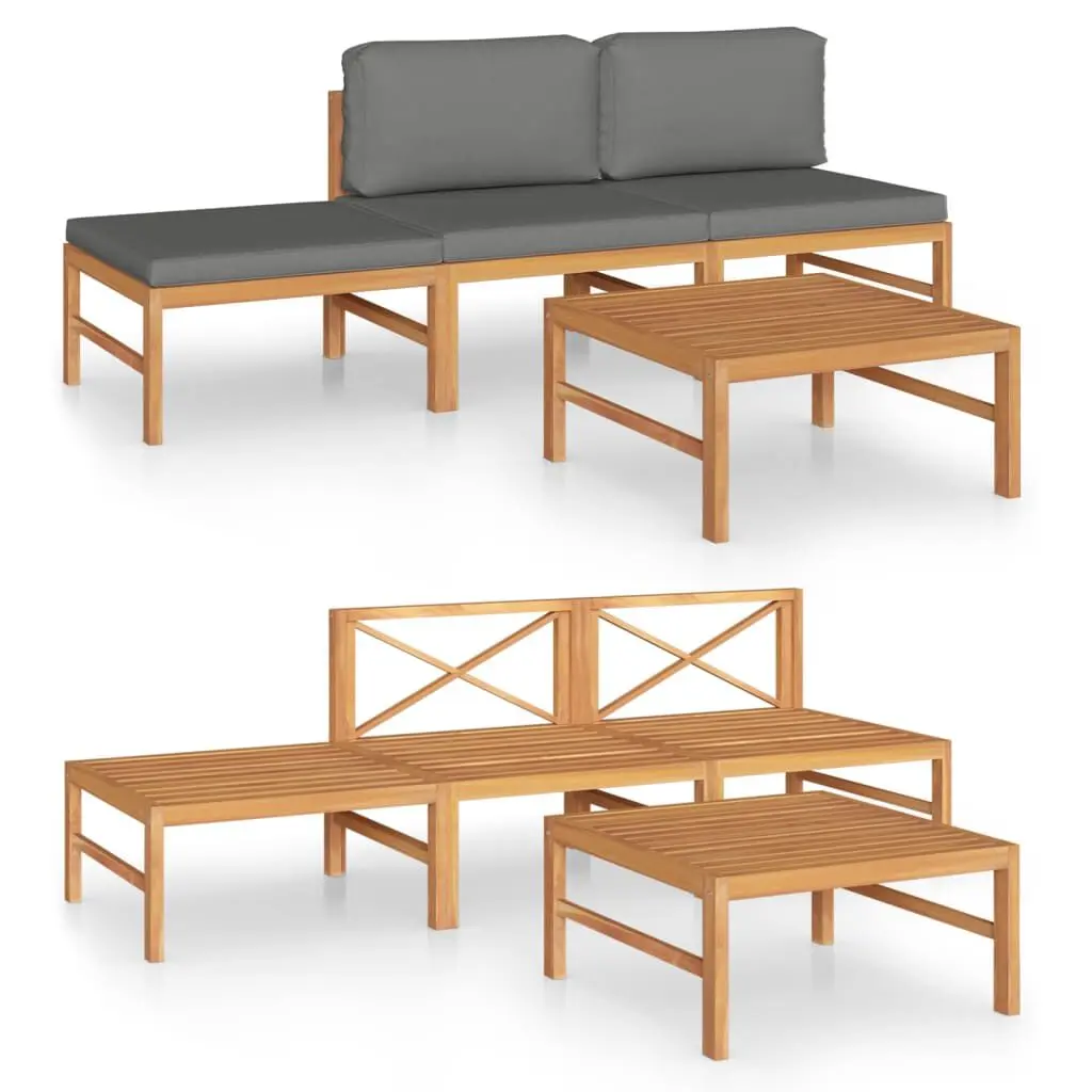 4 Piece Patio Lounge Set Gray Cushions Solid Teak Wood Outdoor Seating