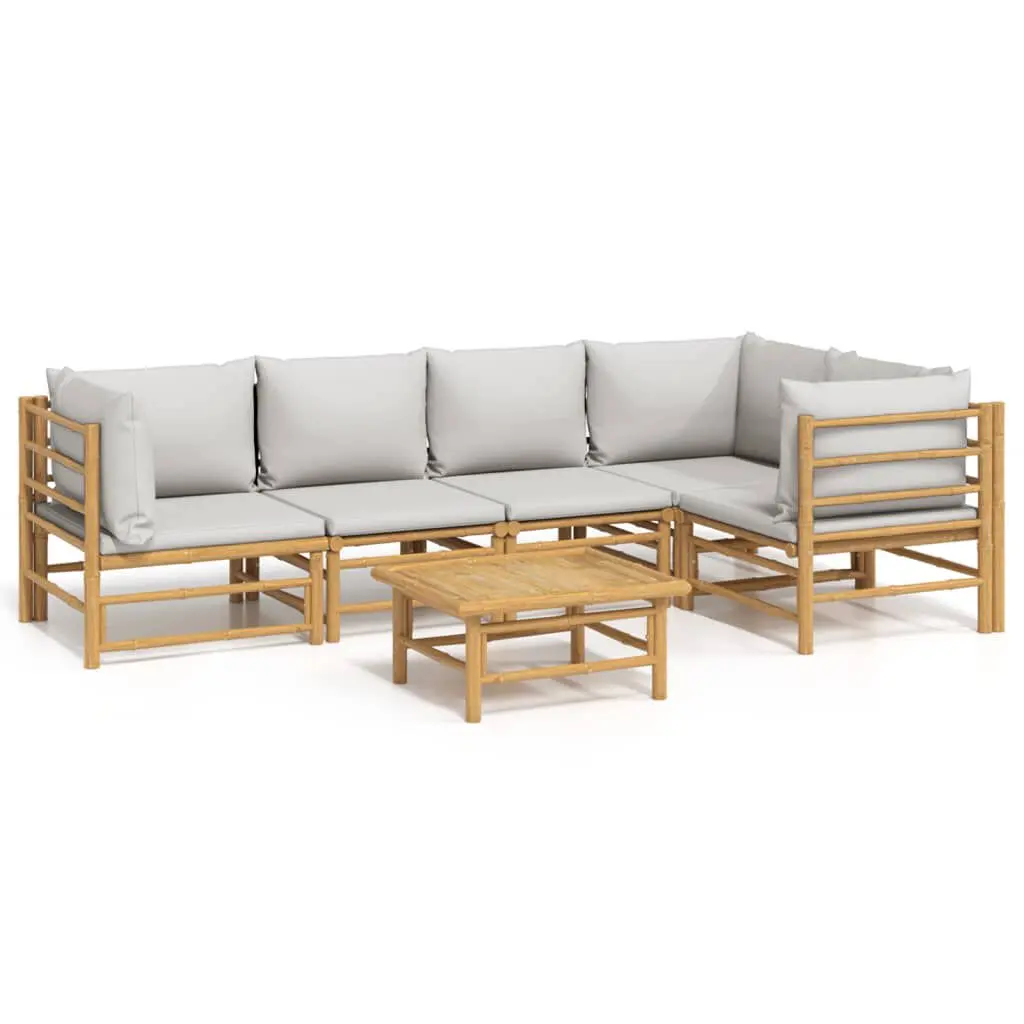6 Piece Patio Lounge Set Light Gray Cushions Bamboo Outdoor Furniture
