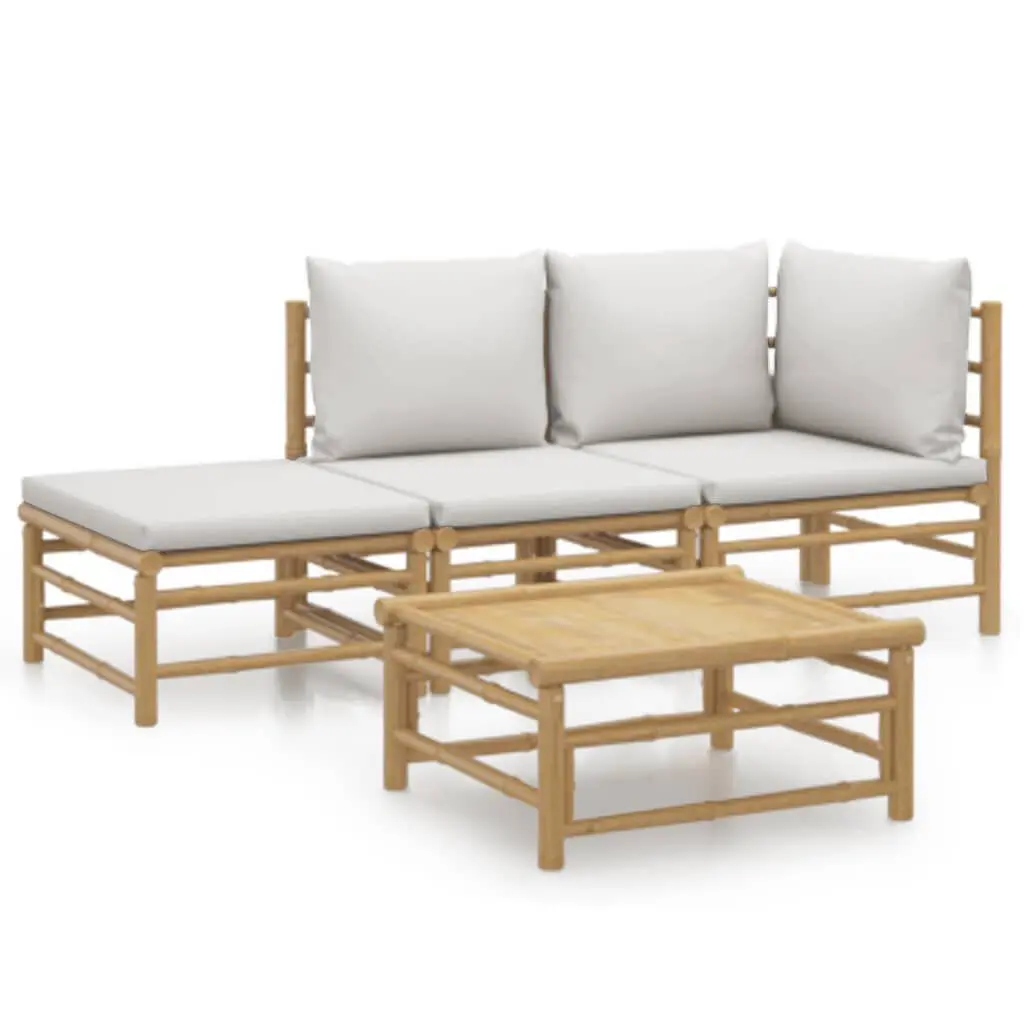 4 Piece Patio Lounge Set Light Gray Cushions Bamboo Outdoor Seating