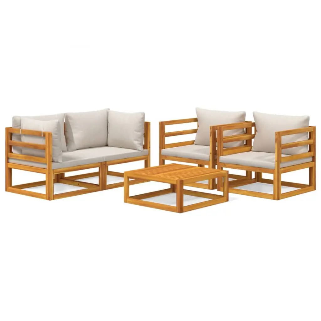 5 Piece Patio Lounge Set Light Gray Cushions Solid Wood Outdoor Furniture
