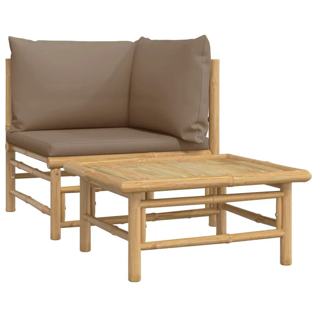 2 Piece Patio Lounge Set Taupe Cushions Bamboo Outdoor Furniture